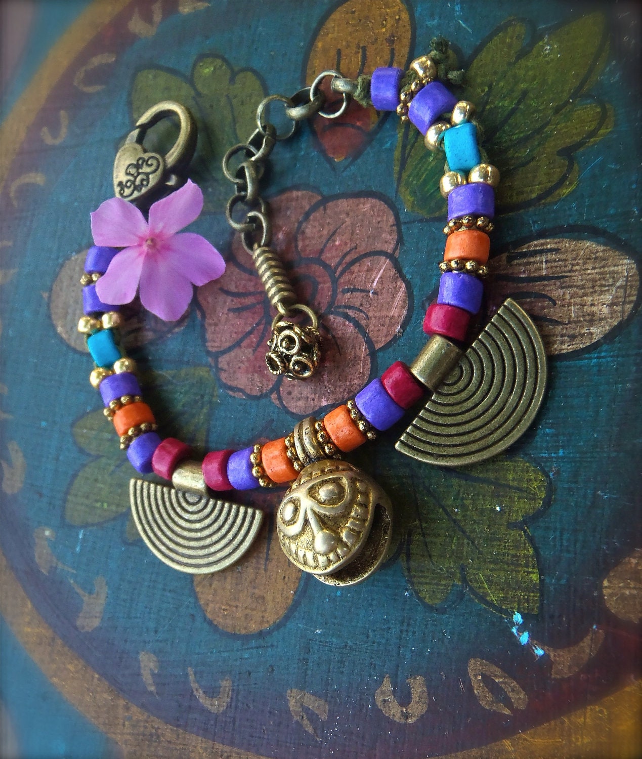 GYPSY BRACELET brass jingle bell charm PURPLE Orange Hippie bracelet Smiley Face stackable bracelet Gypsy beaded bracelet nomad jewelry