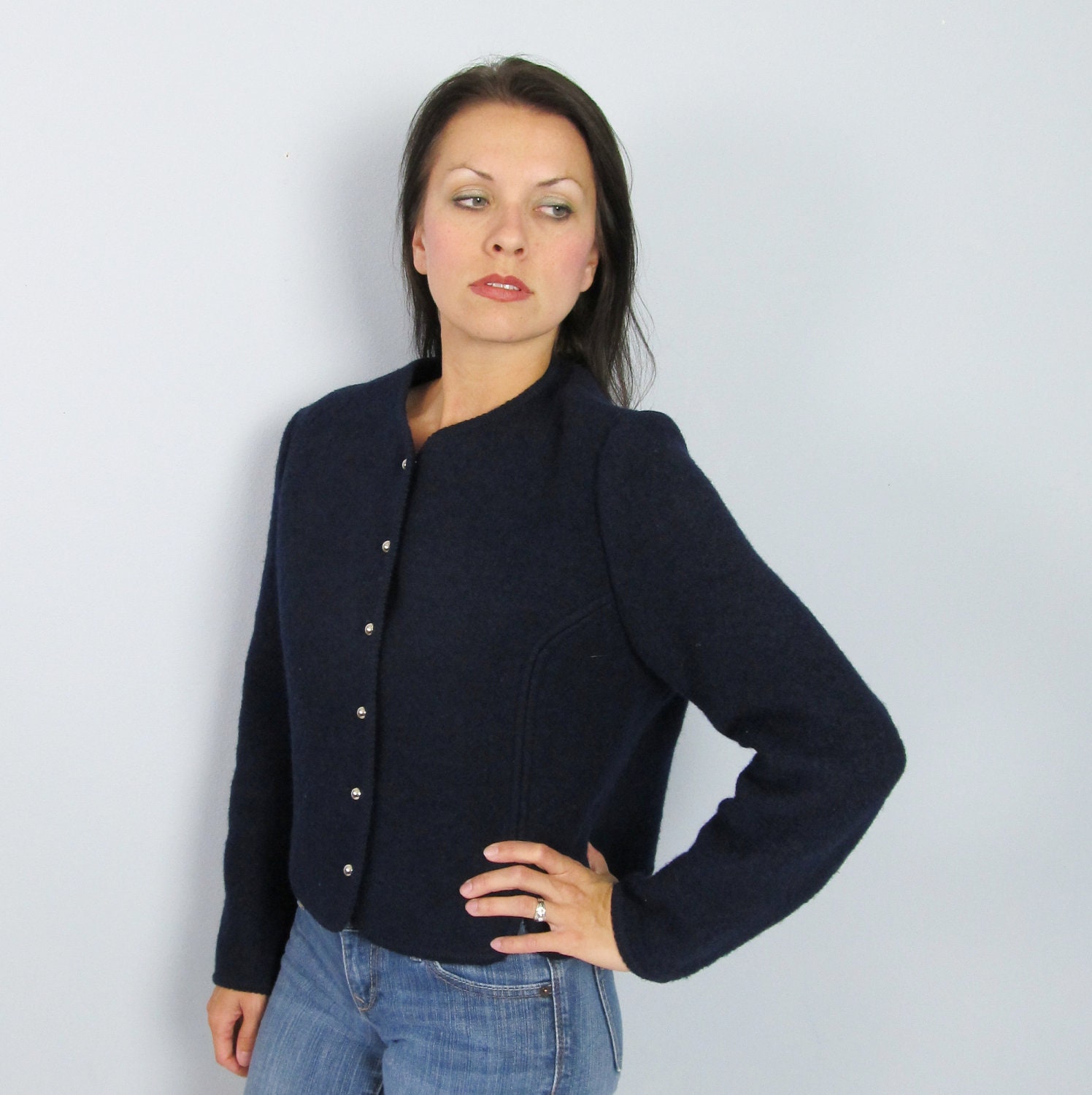 Vintage Navy Blue Boiled Wool Ski Cardigan Sweater M/L