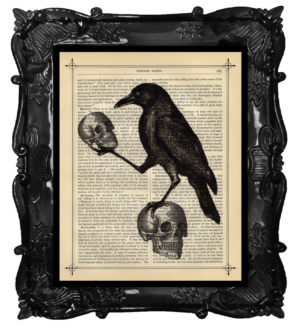 Raven Crow with Skulls - HALLOWEEN Skulls Art Print on antique book Page Crow Raven Art Print