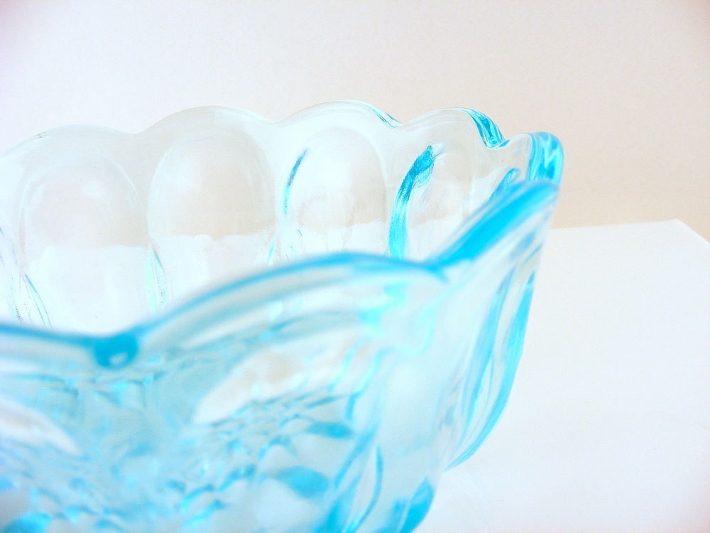 Blue Glass Bowls Aquamarine Serving Salad Candy Flower Design Set of 2
