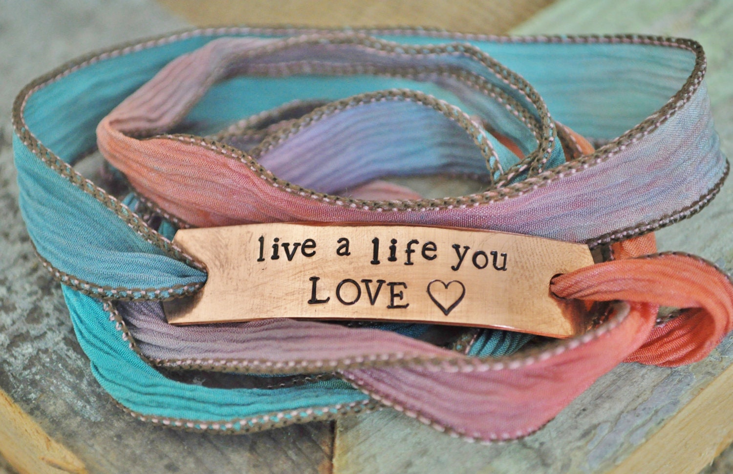 MIXED BERRY - Hand Stamped 100% Silk Multicolored Wrap Bracelet - Add Names, Date or Phrase of your choice