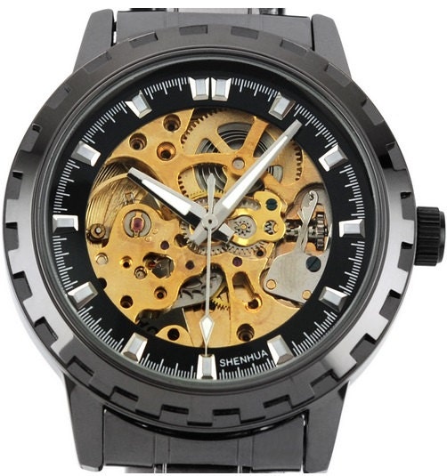 Skeleton Vintage Retro Steampunk Leather Wrap Watch Mechanical Bracelet Wind Watch with a lovely Silver Gold skeleton pattern FREE SHIP