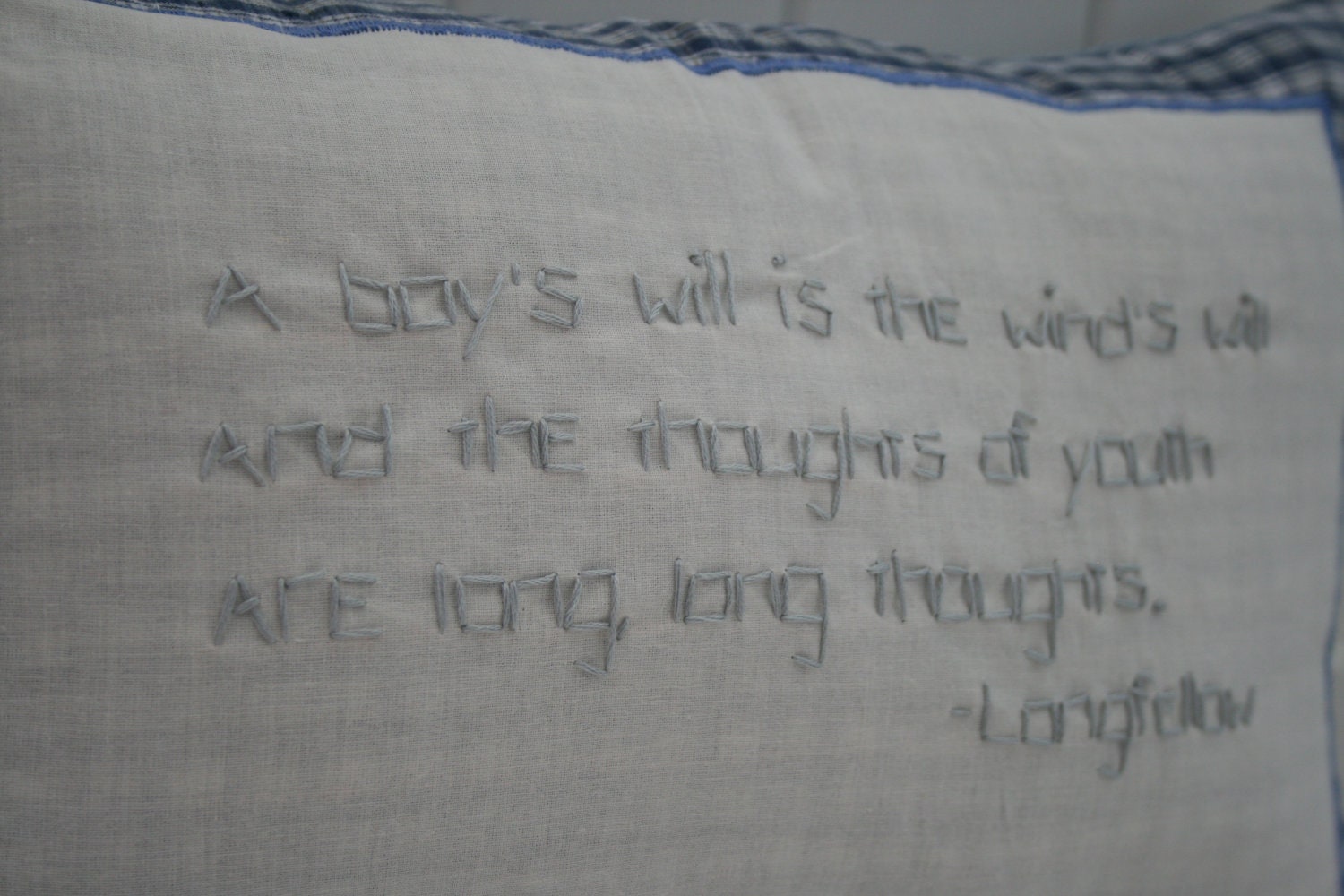 boy's denim pillow, embroidered quote pillow, blue pillow, upcycled pillow, repurposed pillow, children's bedding, OOAK