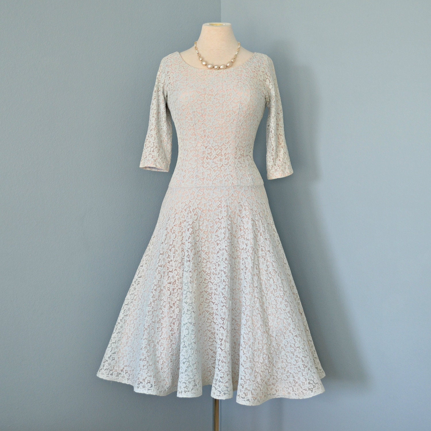Lace Vintage Wedding Dress...1950s JUNIOR THEME  Pale Minty Blue Cotton Lace Dress Party Dress S/M