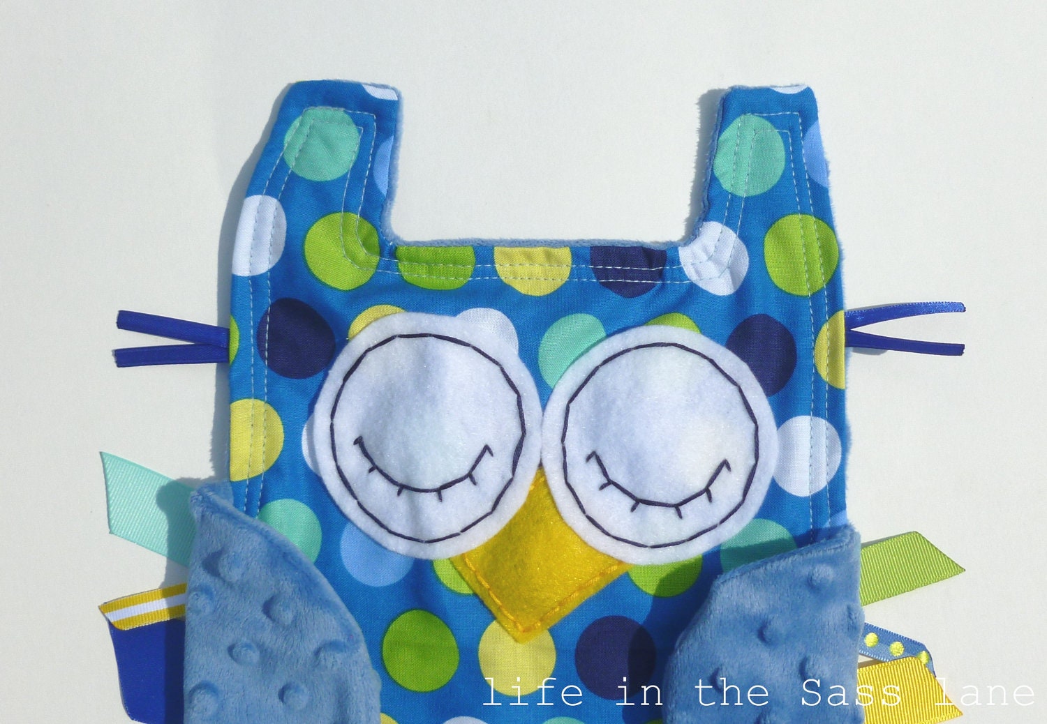 Polka Dots OWL Ribbon Tag Baby Blanket in Blue, Green, Yellow and White with Blue Minky Blankie Lovey Lovie Baby Gift