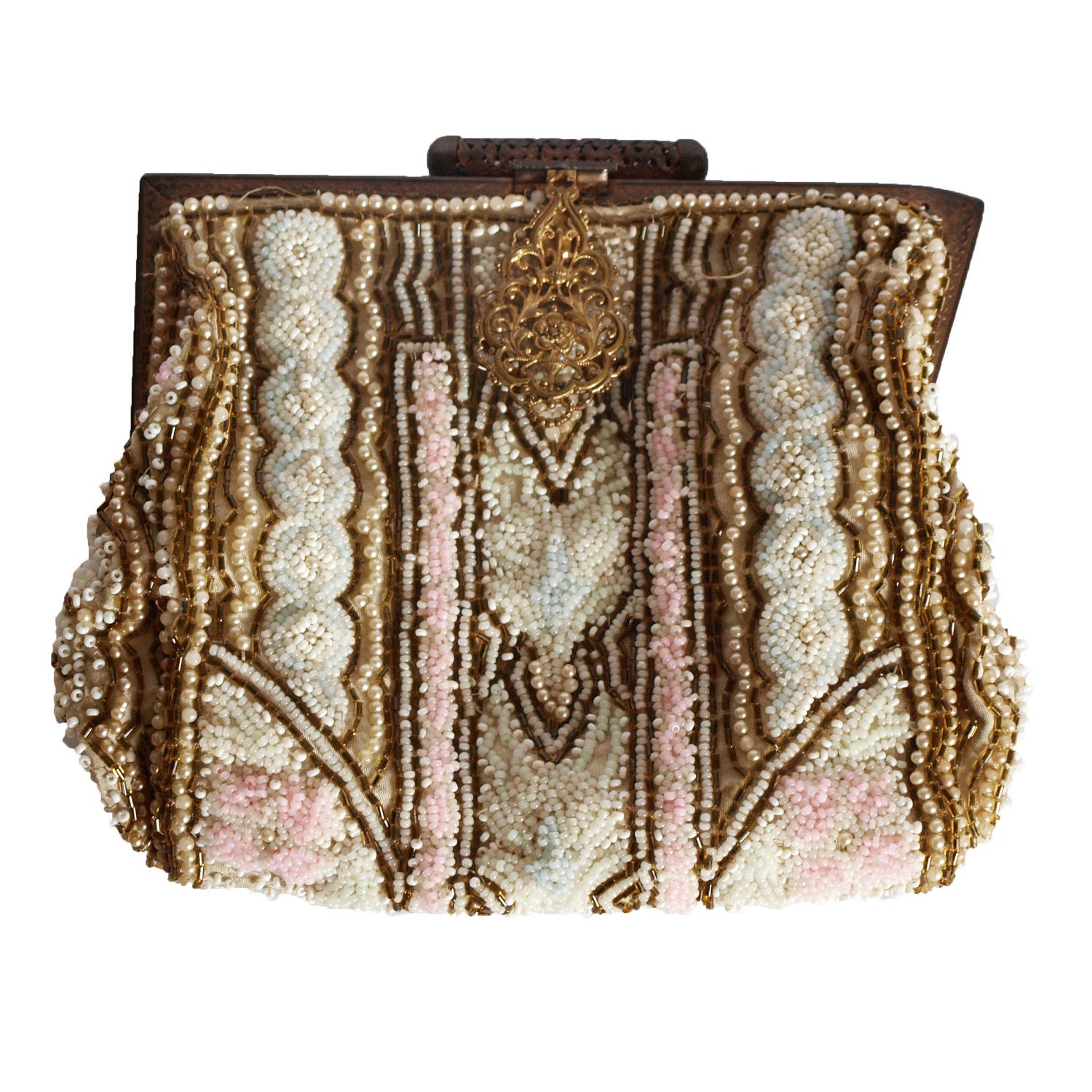 Vintage 30s heavily beaded evening purse clutch with micro beads, bugle beads, and faux pearls