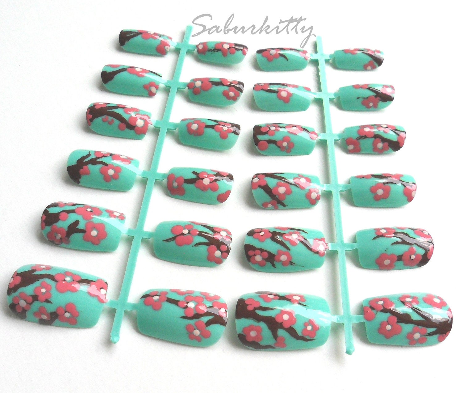 Cherry Blossom Nail Art mint teal green pink brown plum ikebana artificial flower short style fake nails w/Glue