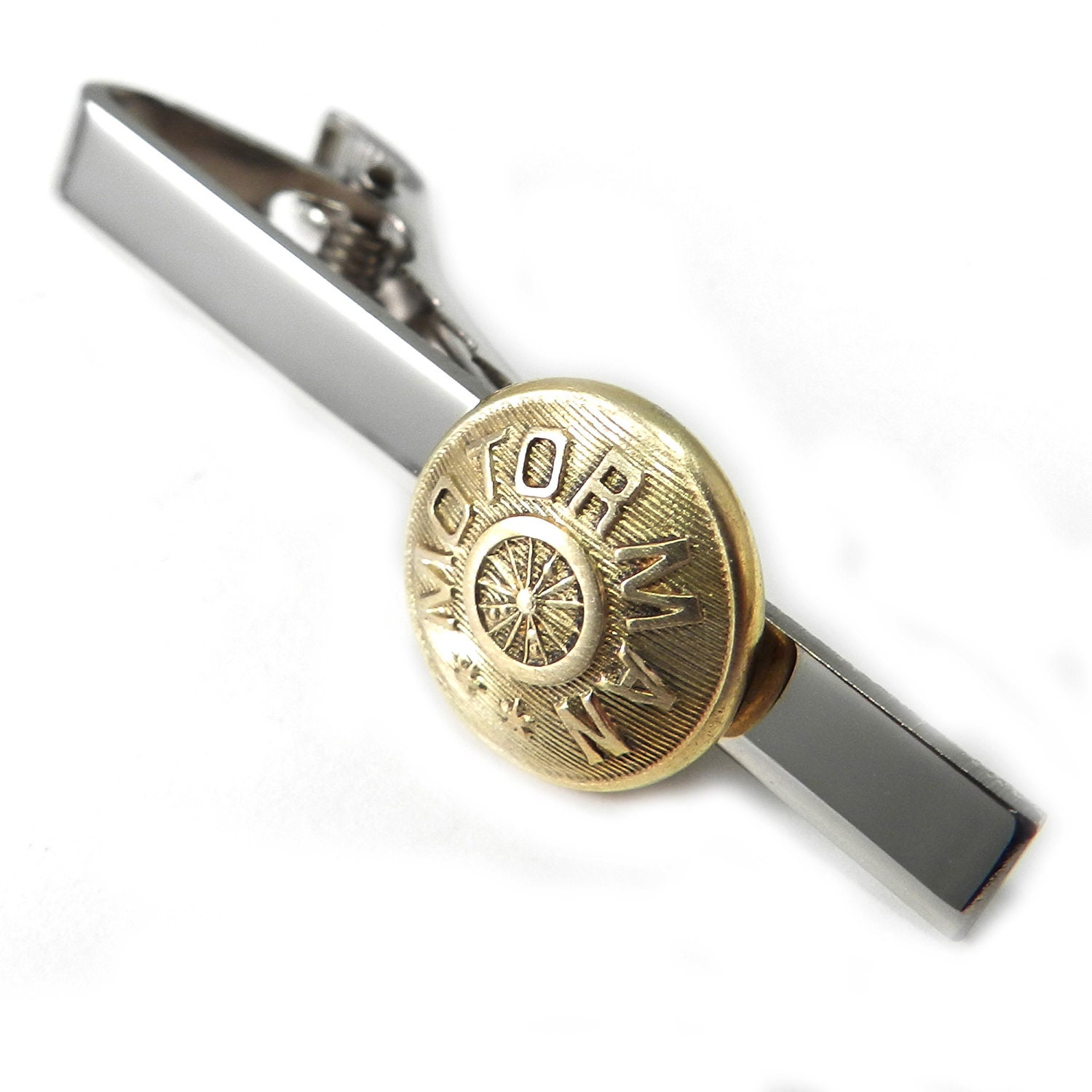 Men's Accessory - Conductor Tie Clip - Antique Railroad Button - Brass on Silver  - Soldered for Quality