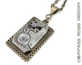STEAMPUNK Necklace - Antique Watch Movement - Square 6 Jewel - Brass Pocket Watch Necklace - Compass Rose Design