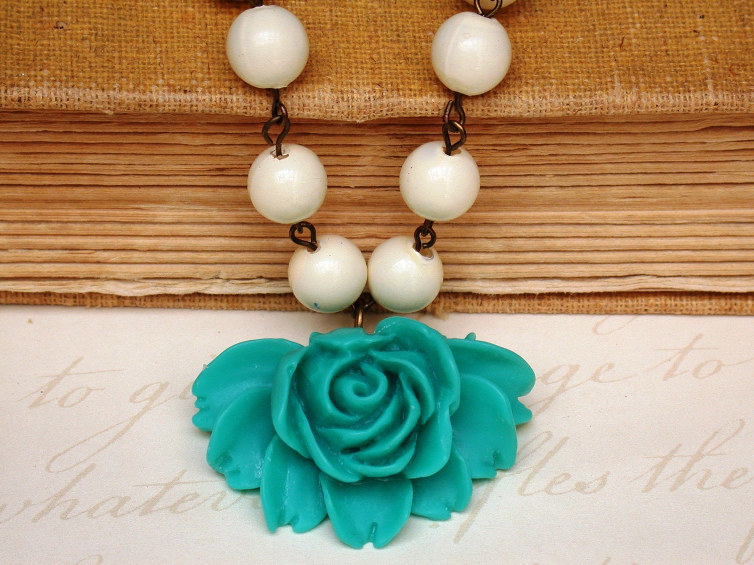 Romantic Rose Charm Necklace In Teal And Off white Vintage Beads