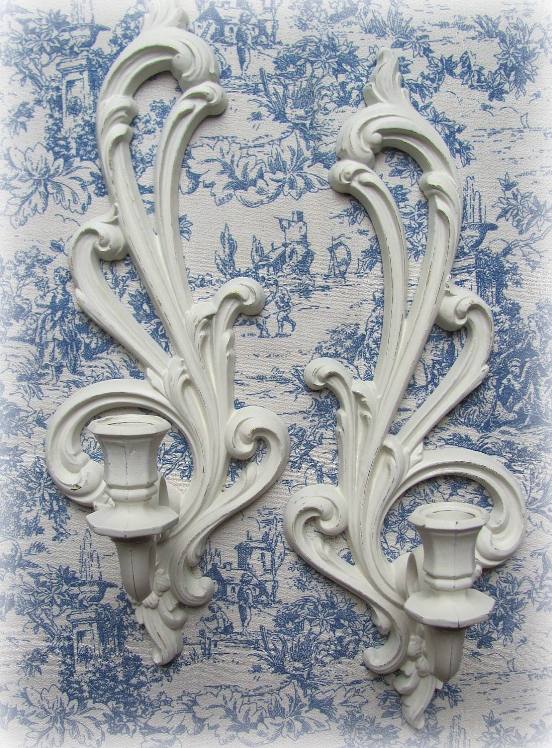 Vintage Syroco Candle Sconces Shabby Chic Cream Wedding Bridal Shower Candle Holders