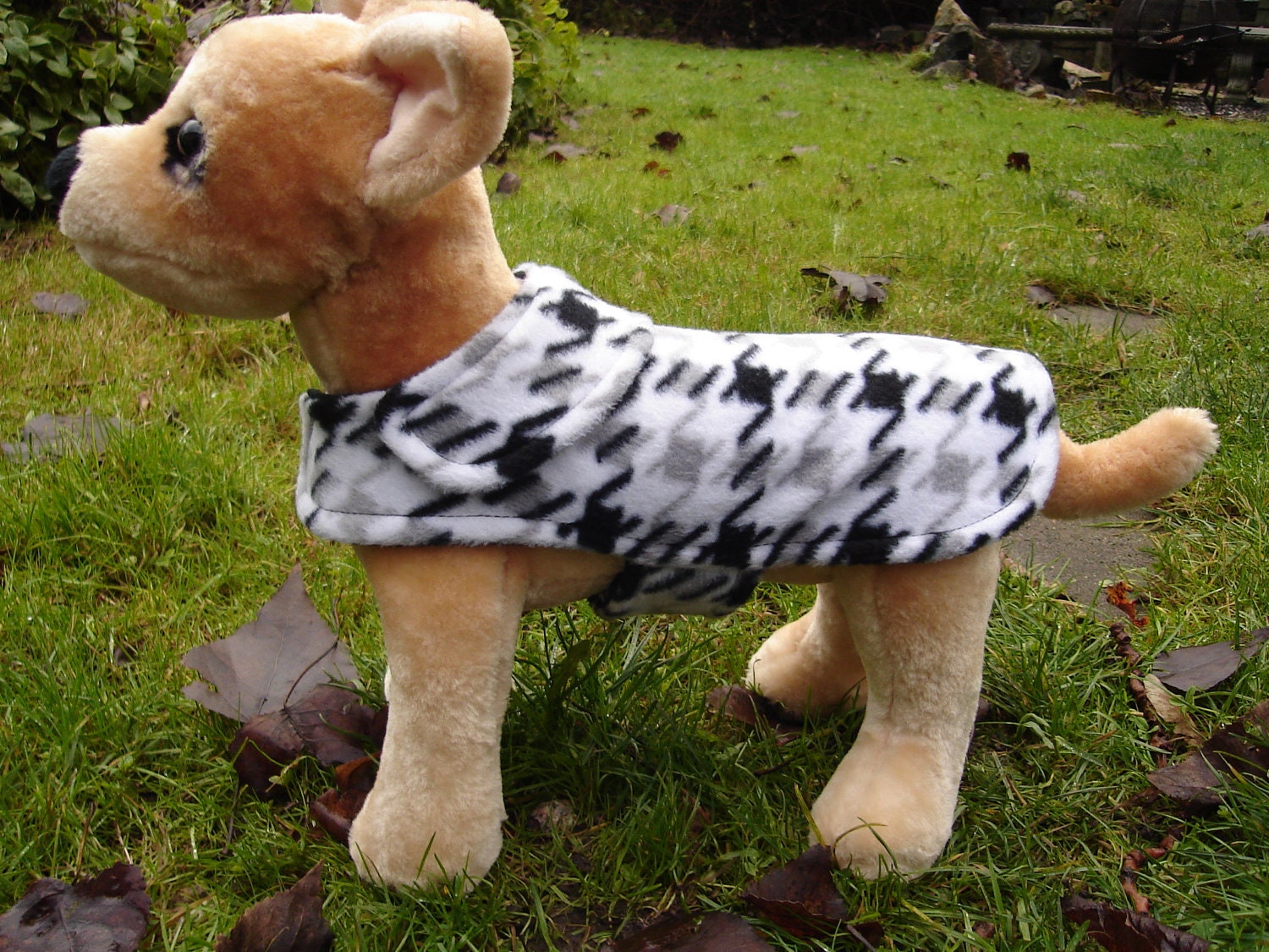 Dog Coat - Black Gray and White Houndstooth Fleece Coat- Size XX Small- 8 to 10 Inch Back Length - Or Custom Size