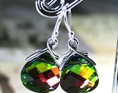 Spring Sale - Swarovski Crystal Briolette Earrings in Green and Pink - Medium Vitrail - Rainbow - Sterling Silver- FREE SHIPPING