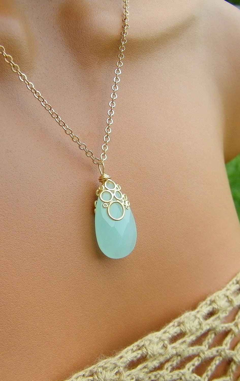 Seafoam Mint Chalcedony Necklace. Satin Gold Bubble Drop Pendant