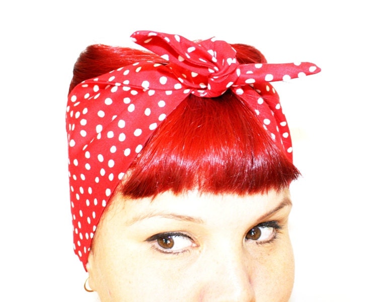 Vintage Inspired Head Scarf, Bandana Style, Red with Dots, Rockabilly, Retro