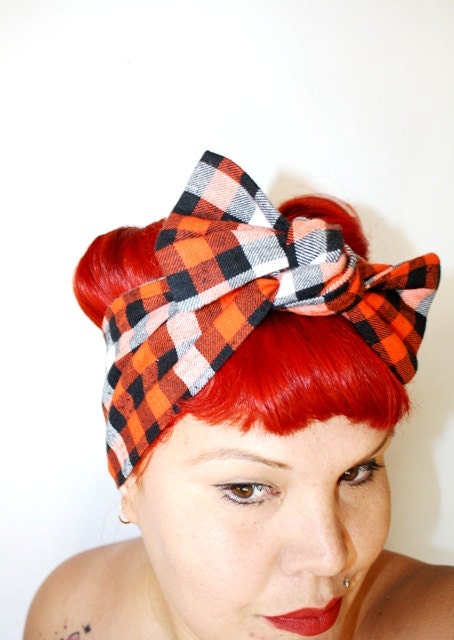 Bow style, Vintage Inspired Head Scarf, Orange and Navy Checkered Flannel, Fall Collection