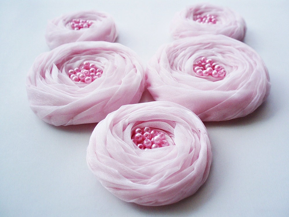 Pink Chiffon Roses Handmade Appliques Embellishments(5 pcs)
