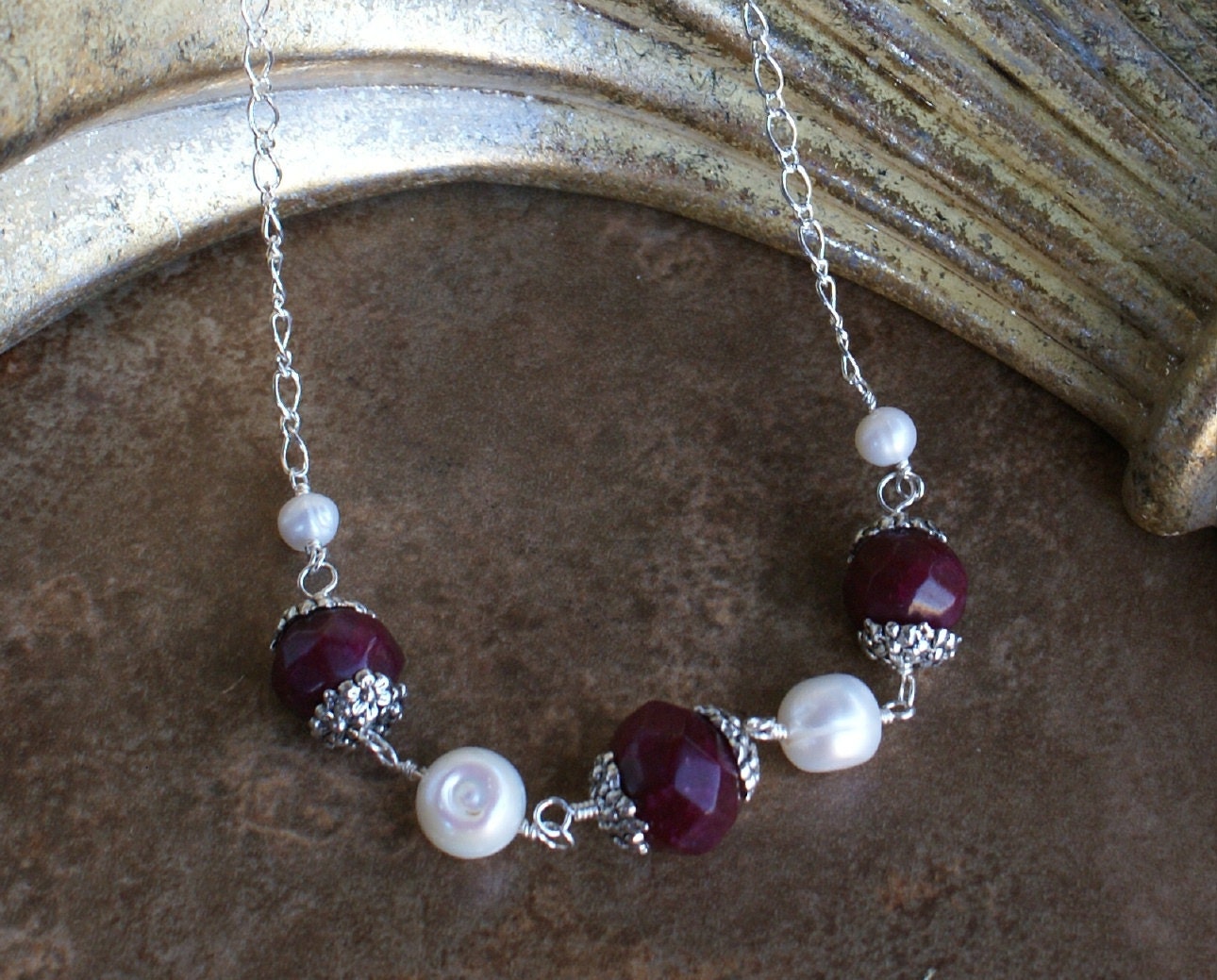 Fraises et Creme - Ruby and FW Pearl Necklace in Silver