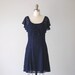 Vintage Navy Blue Lace Dress / 1980s Flutter Sleeve and Tie Neck Dress