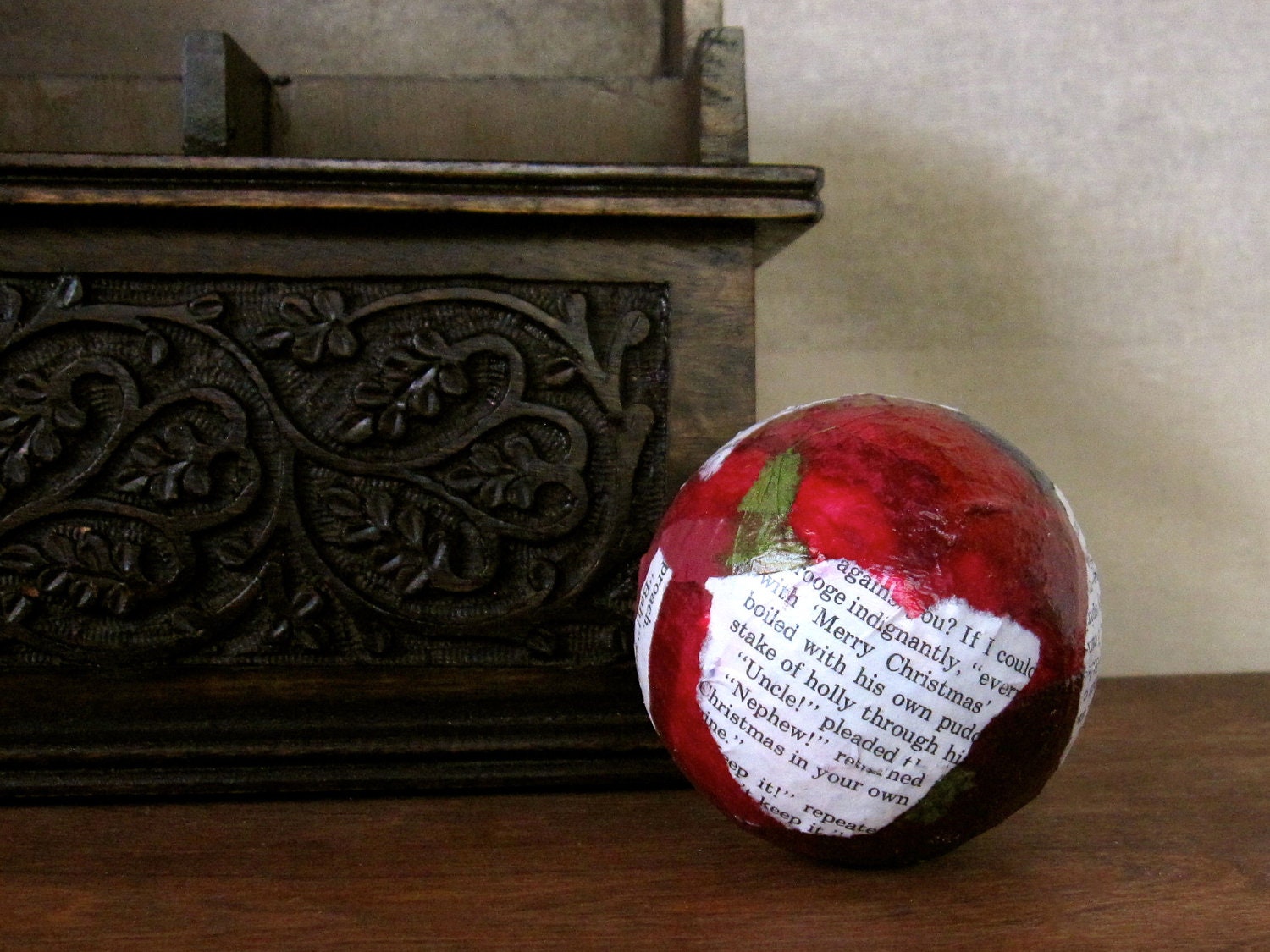 A Christmas Carol Decorative Ball Christmas Ornament with Vintage Dickens Book Text and Cranberry Red Paper