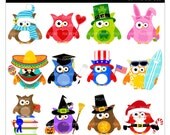 cute holiday owls clipart digital Christmas Easter Halloween -  Lil Monthly Oompa Owls - Digital Clip Art - Personal Commercial Use