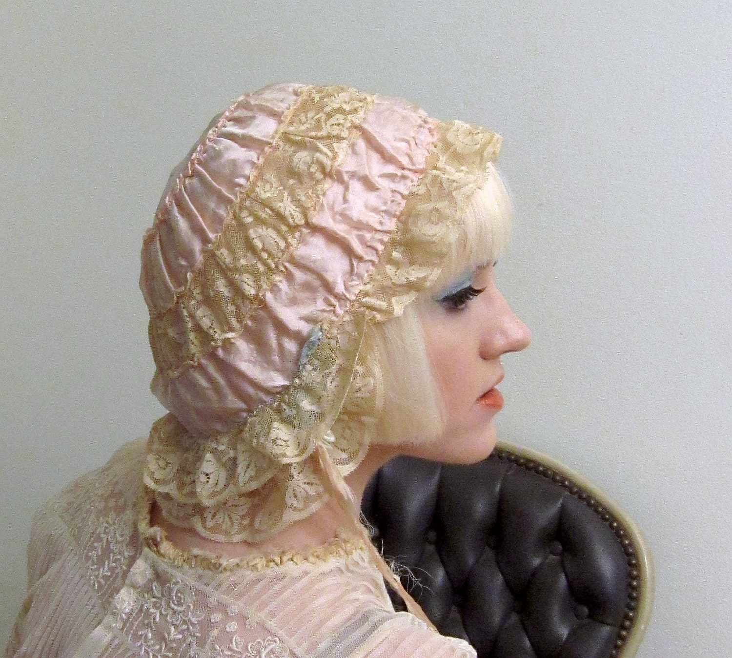 Vintage 1920s/1930s Pink Satin & Lace Boudoir Cap or Flapper Bonnet with Ruffled Trim