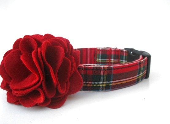 Red Plaid Dog Collar with Flower Accessory - Scottie Plaid - Black Hardware