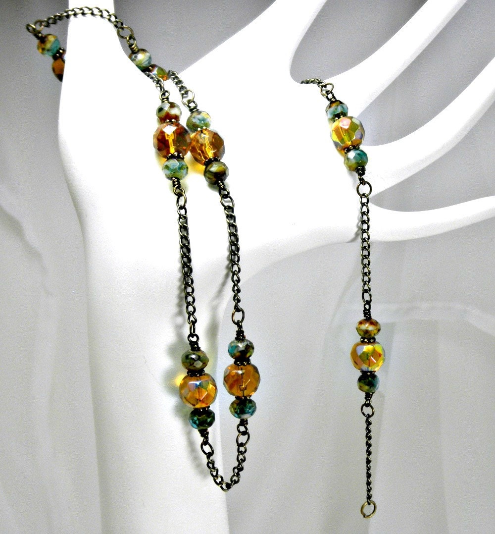 Bohemian Aqua and Amber Picasso Finish Bead & Amber Glass Bead Necklace