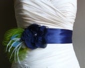 Navy Blue and Lime Peacock Bridal Sash with polkadots light blue and white feather sprays - PETITE JOSIE