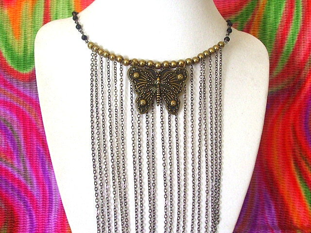 Chain Necklace- Brass Necklace- Butterfly Necklace- OOAK Necklace