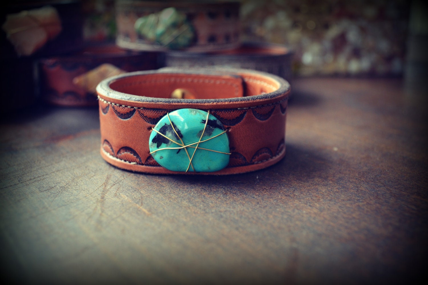 LUX Recycled Stamped Natural Leather Bracelet Bohemian Turquoise Gemstone Cuff