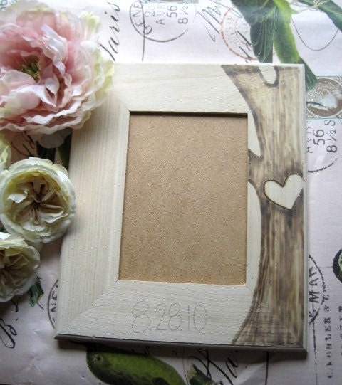 5x7 White Washed Wedding Frame - Custom engraved wedding frame, heart in tree with initials and date