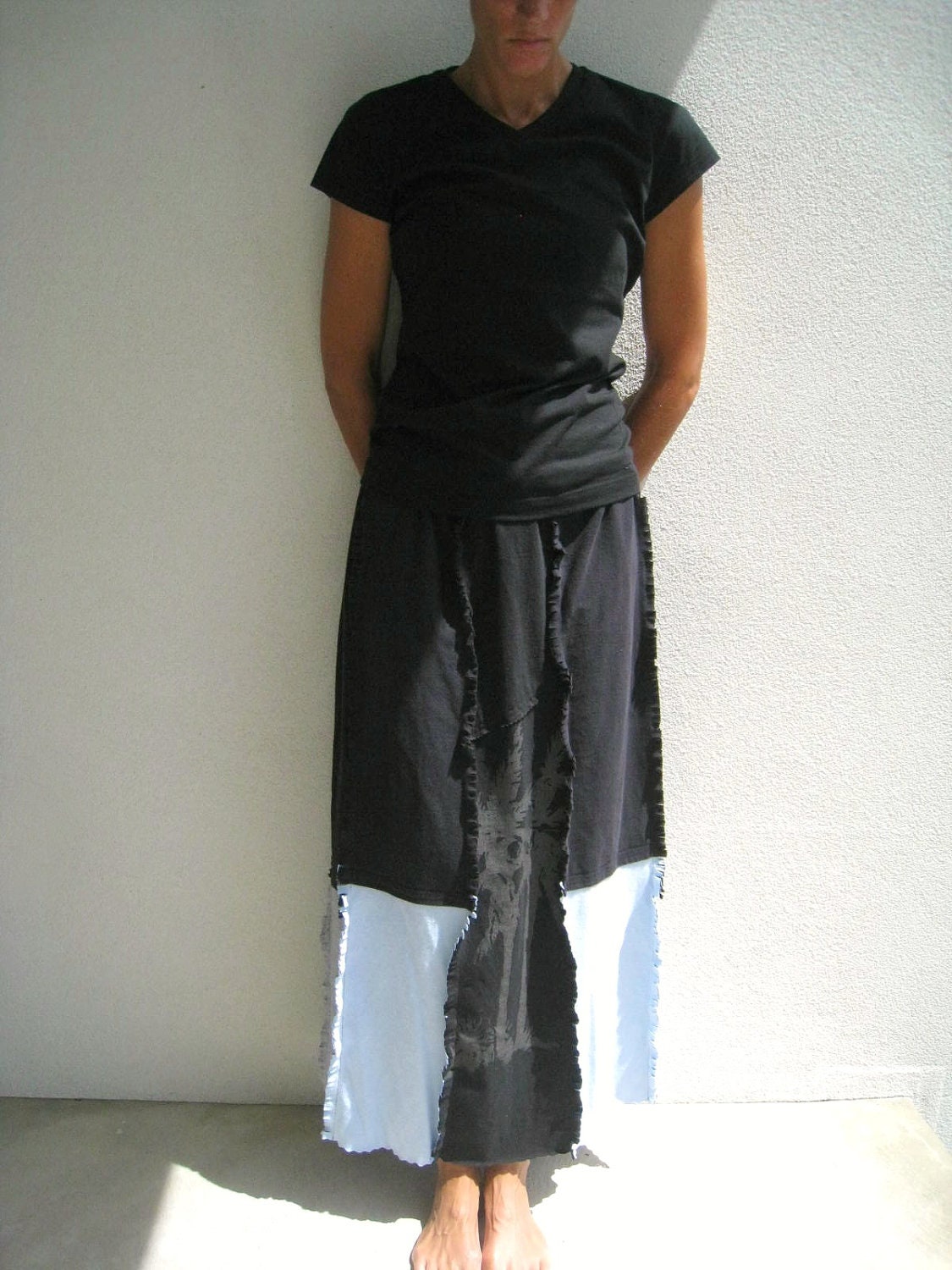 Long Recycled T Shirt Skirt / Raggedy Edges / Black Gray Light Blue / Drawstring / Cotton Tees / Comfortable / Fun / Soft / Beach / by ohzie