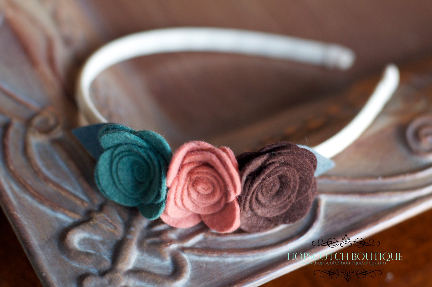 Kortlynn In Brown, Teal and Clay  Felt Flower on a Cream Ribbon Wrapped Headband girls headband flower girl tween headband