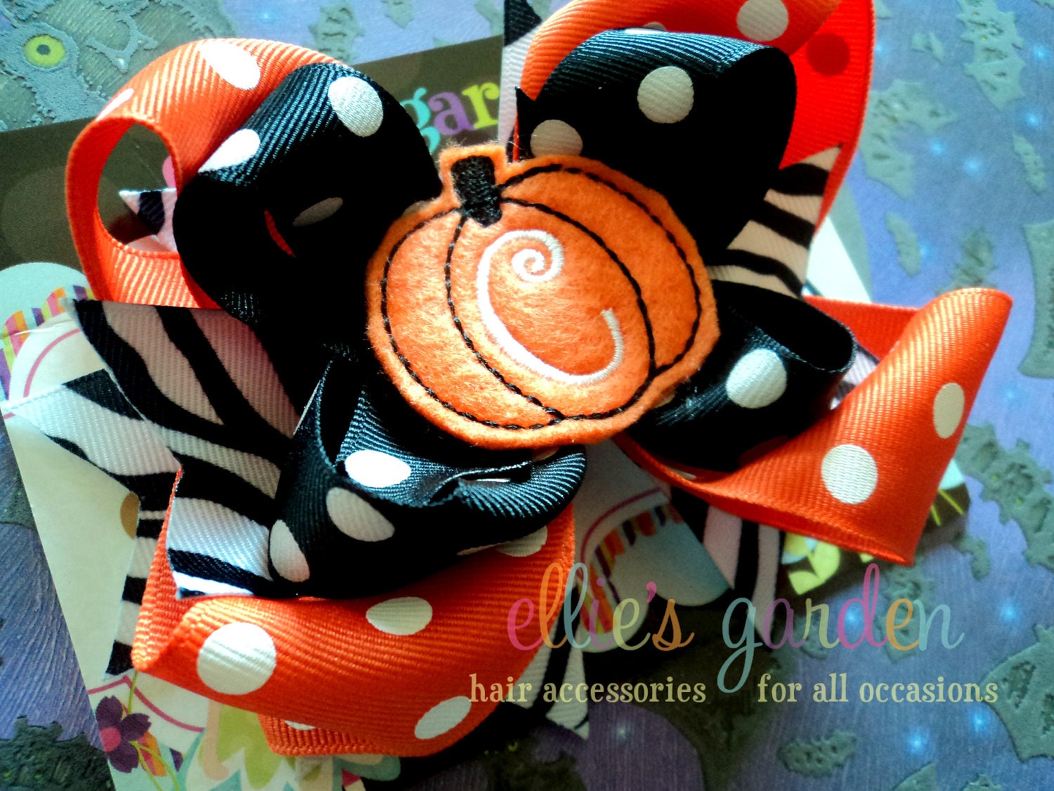 Embroidered  Pumpkin Monogram Initial Boutique Style Hair Bow Orange Black Polka Dots Zebra