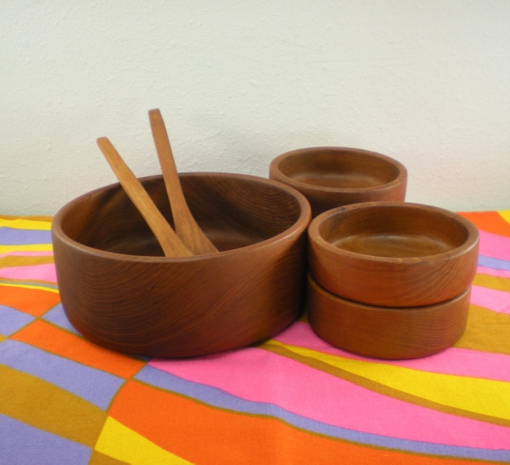 Solid Teak Salad Bowl Set Goodwood Thailand by oldetymestore