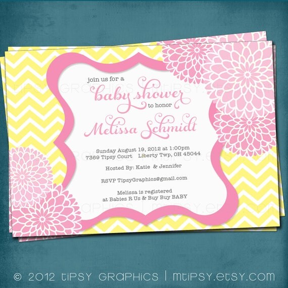 Spa Pom Pom. Chevron Mums Baby / Bridal Shower Invite by Tipsy Graphics. Yellow Pink. Any colors and text. Il_570xn