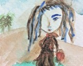 Waif With Red Shoes- ACEO ORIGINAL Illustration in Watercolor- Brown Aqua Blue Turquoise Green