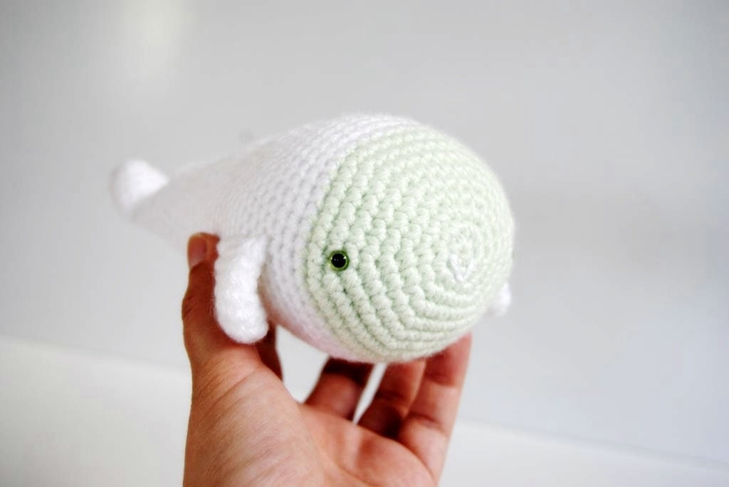 White & pastel green Amigurumi Whale - ready to ship