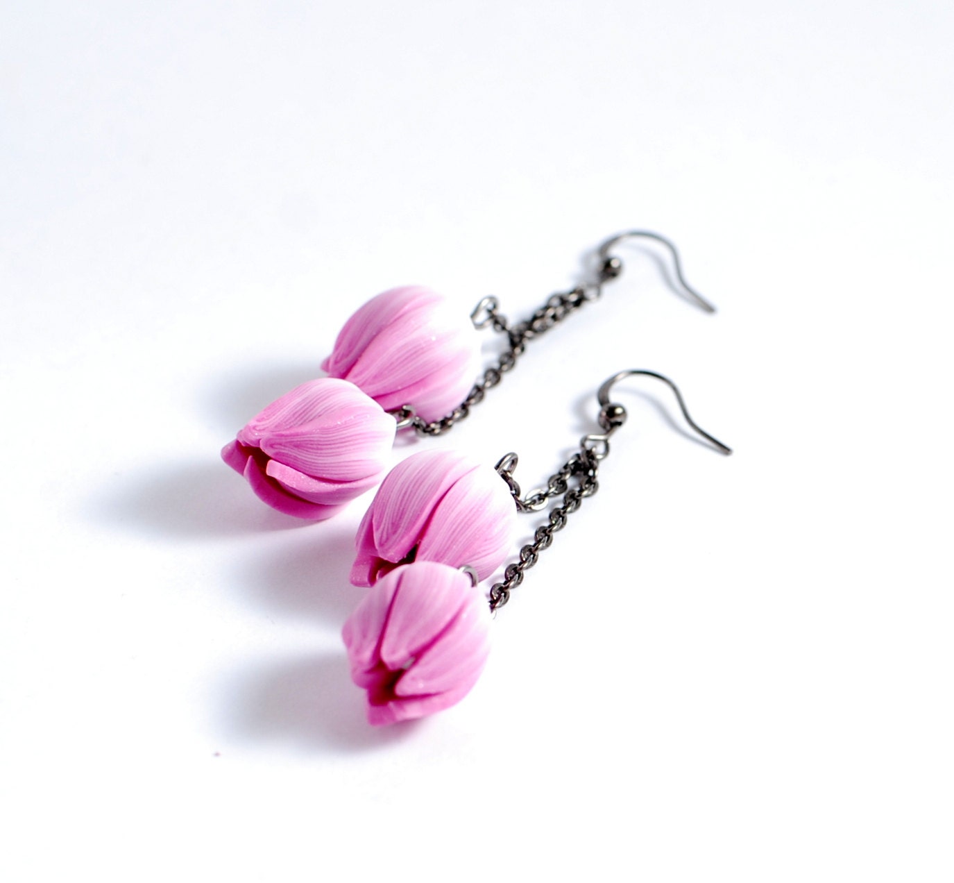 Long chain earrings - pink tulip flowers pair in extra long chain