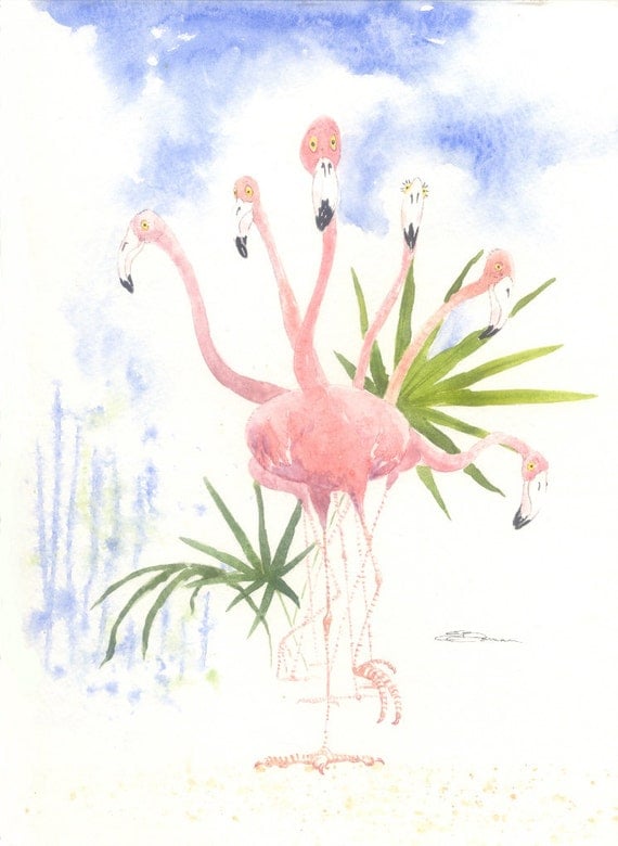9 by 12 inch original watercolor Flamingo whimsy  bowman On The Pink Trail bird fun
