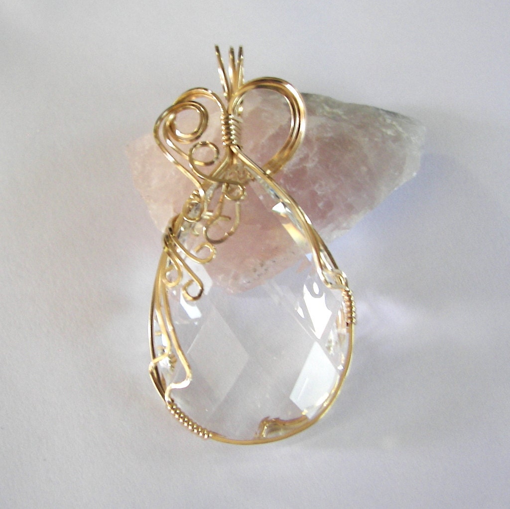 14K Wire Wrapped Faceted Fire and Ice Crystal Pendant