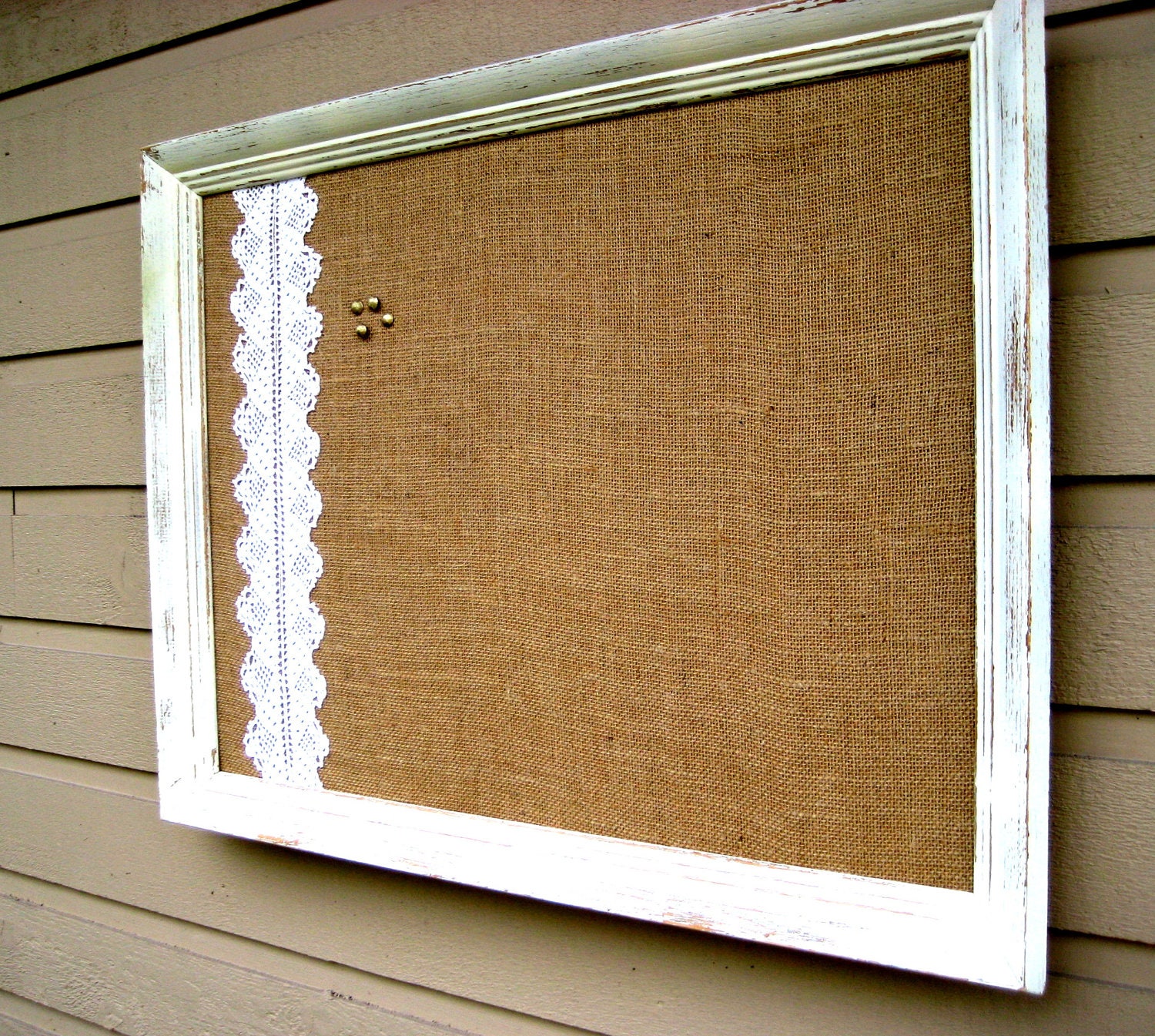 Framed Country Chic Burlap and vintage Lace Bulletin Board, Cottage Chic, distressed, painted frame, Rustic Fall Wedding, 21 x 27 inches