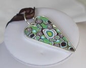 Heart pendant necklace, millefiori polymer clay, brown green and turquoise