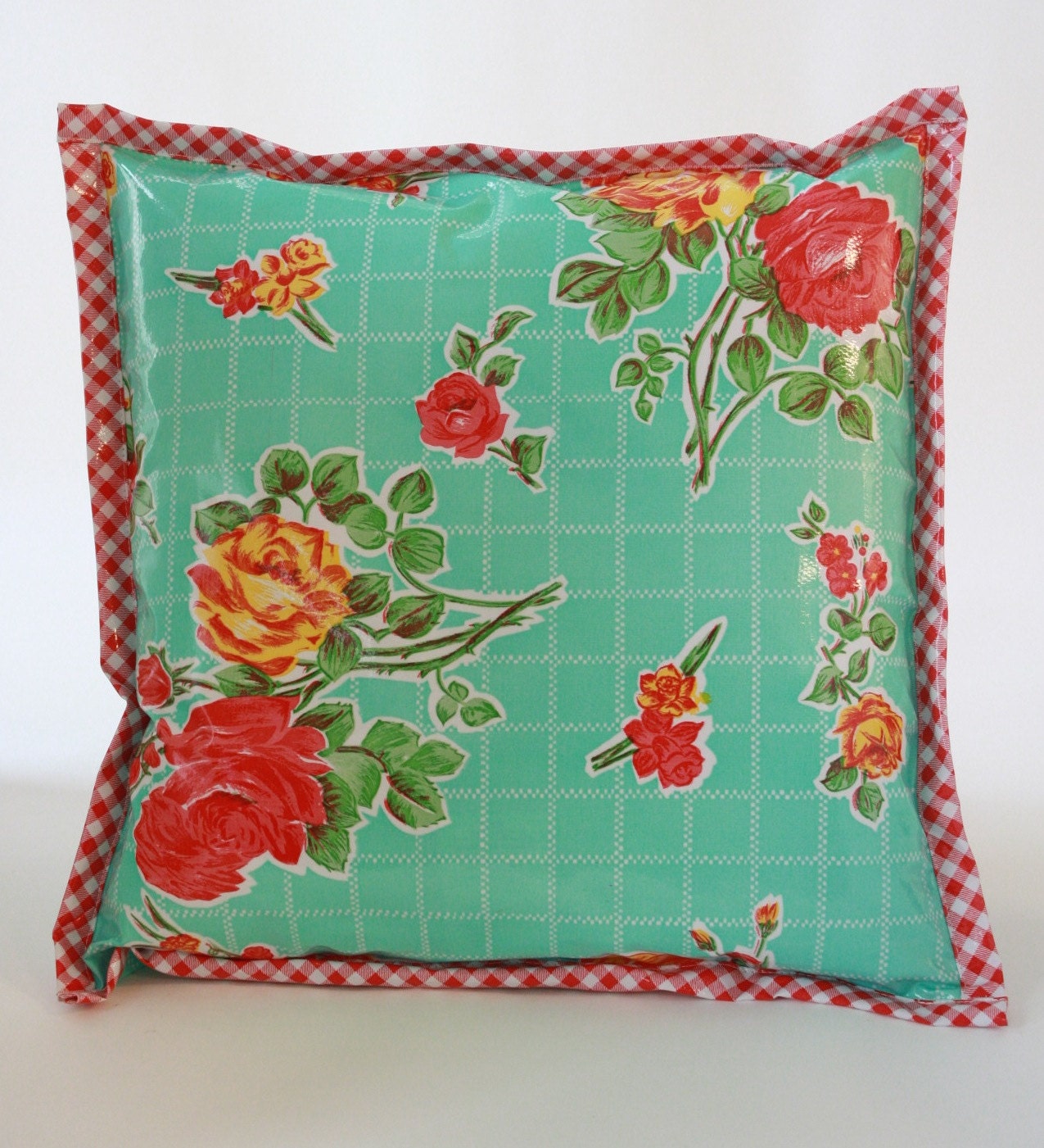 Rose and Grid Aqua Outdoor Oilcloth Pillow For Garden, Patio, Pool Area