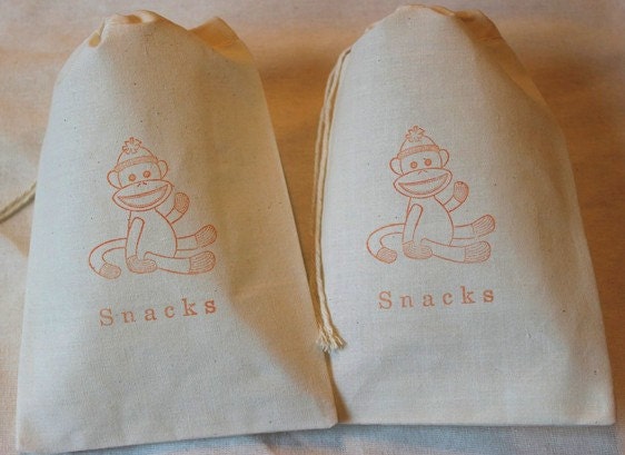 10 Sock Monkey Snacks Treat Bags - Organic Muslin Cotton Favor Gift bags 4x6 - You choose ink color Il_570xn