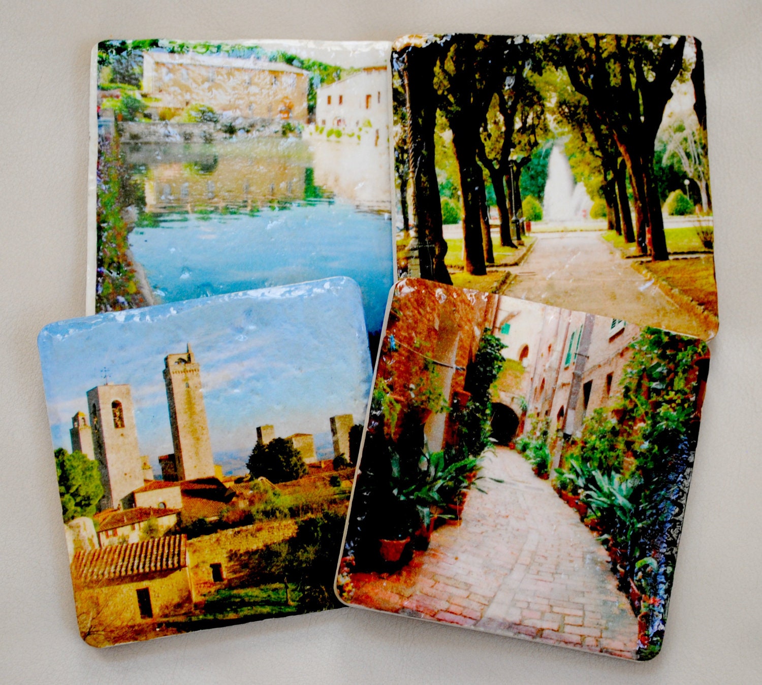 Personalized Photo coasters, set of 4 custom coasters set in Italian stone