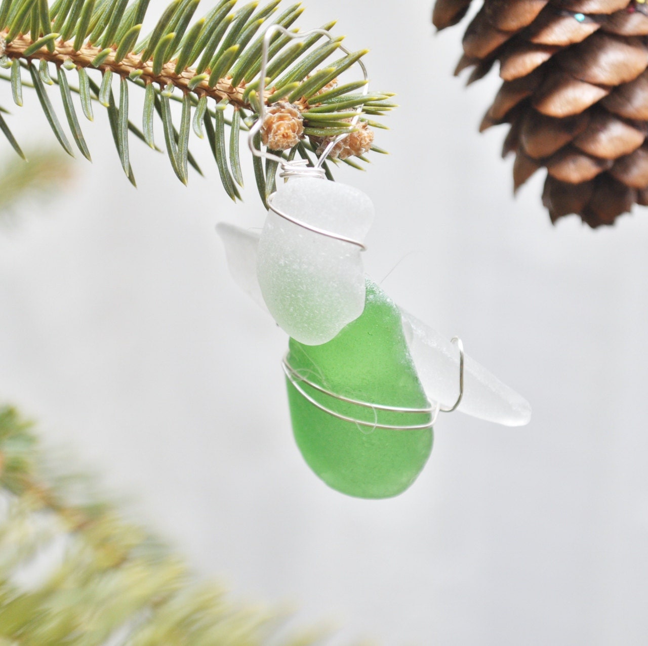 Seaglass Angel Christmas Ornament or Sun-catcher made with Green and White Seaglass - ShatteredSmooth