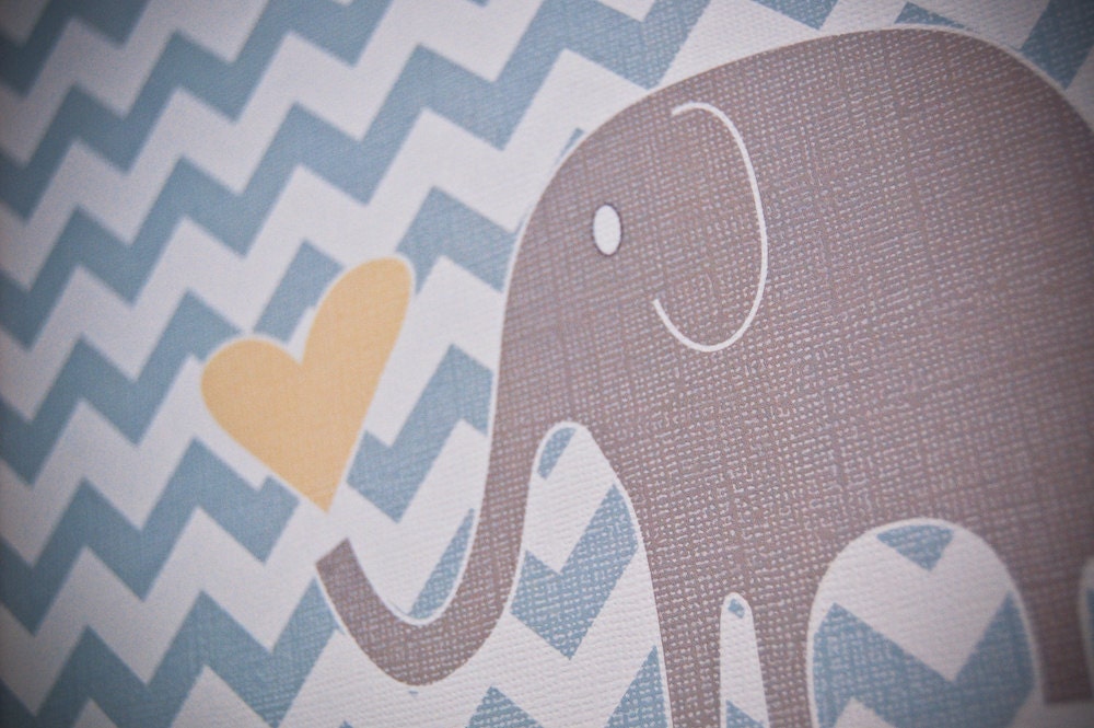 8x10 nursery print: blue chevron and grey elephant with heart