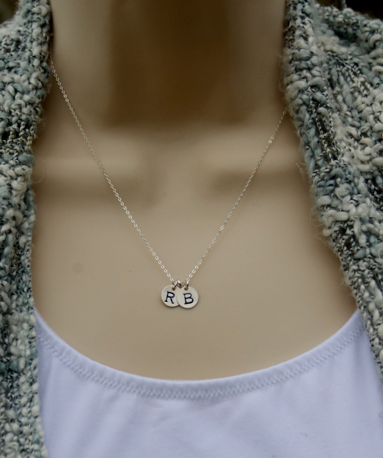 2 HAND STAMPED Initial Pendant Sterling Silver Disc Necklace